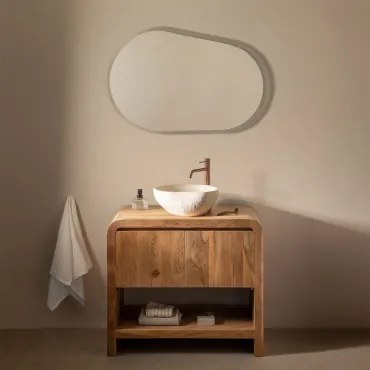 Vacry Acaciahouten Badkamermeubelset Acacia Bruin & Onregelmatige In Wit Cement ↔︎40 Cm Fedro & Ovaal Led En - Sklum