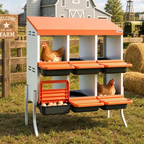 VEVOR 2-laags legnest 795x525x990 mm, 6 compartimenten, metalen kippennest met steunpoten, pluimveenest, oprolbaar nest, ideaal voor hennen, eenden, kippen en ander pluimvee, oranje