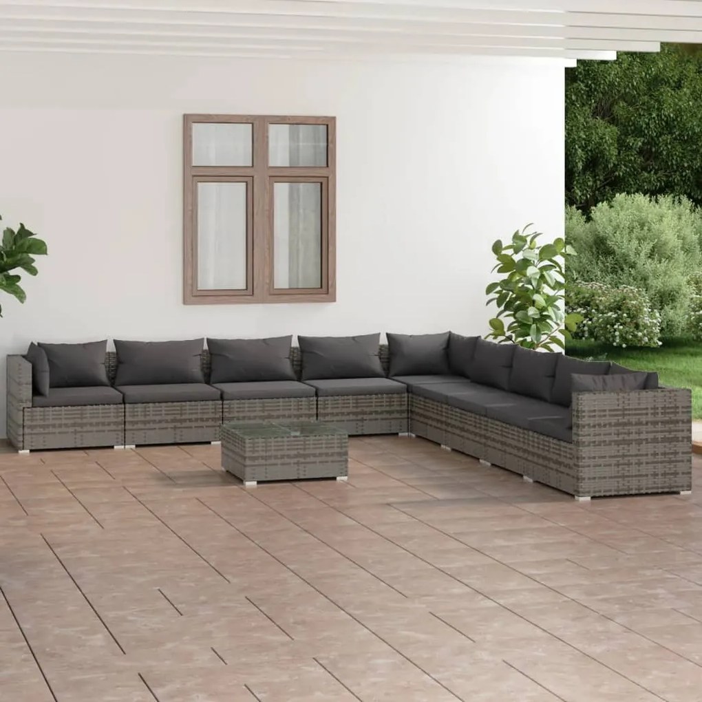 vidaXL 10-delige Loungeset met kussens poly rattan grijs