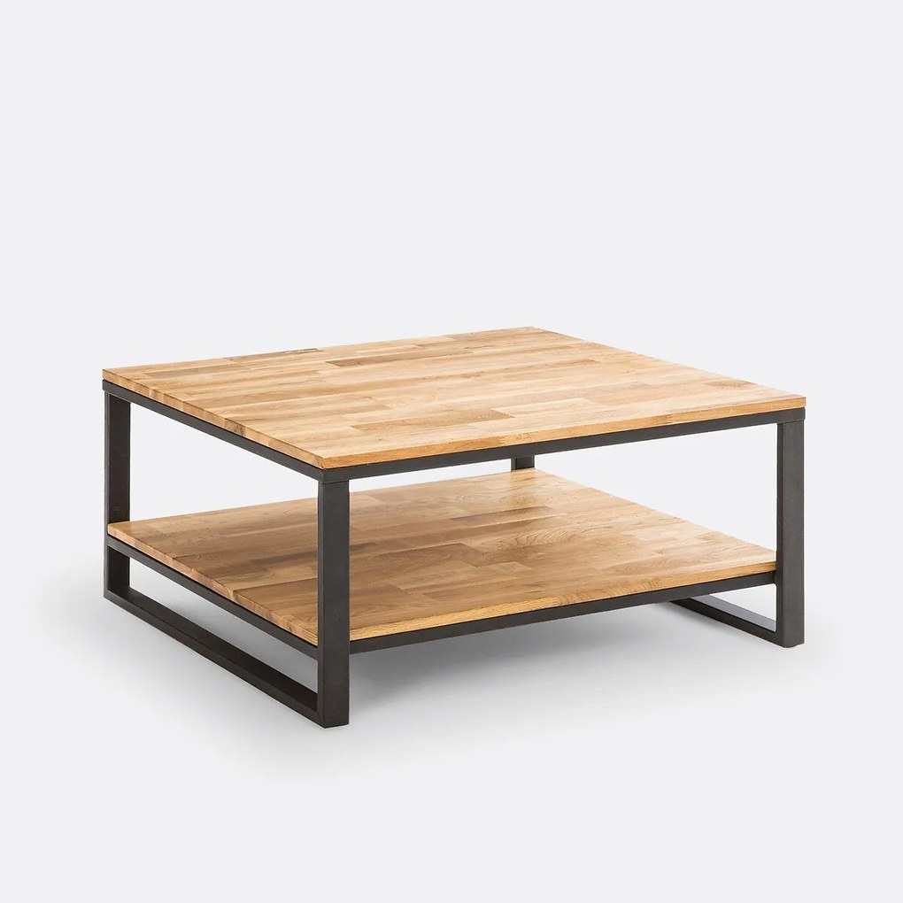 Vierkante salontafel van massief eikenhout en staal, HIBA