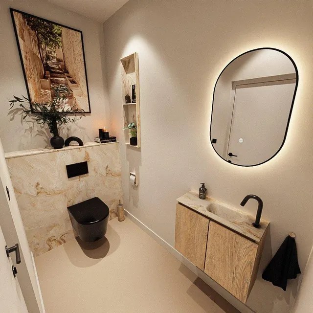 MONDIAZ TURE-DLUX 60cm toiletmeubel Washed Oak. EDEN wastafel Frappe positie rechts. Met 1 kraangat. TUREDX60WASR1FRA