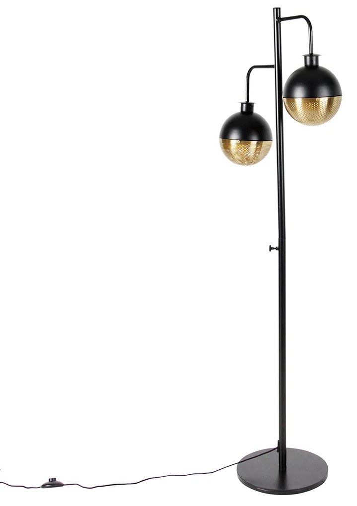 Industriële vloerlamp zwart met messing 2-lichts - Haicha