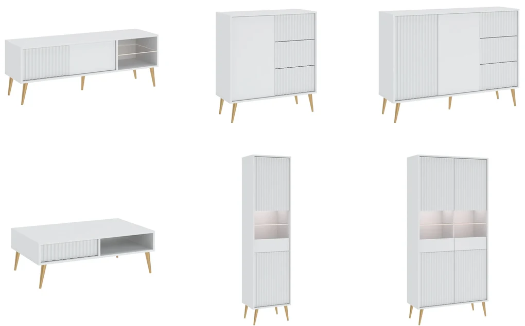 Salontafel BARCELLONI 2S Wit mat/gouden poten - TAFEL MET LADEN EN GERIBBELDE VOORPANELEN