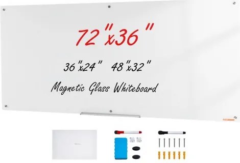 VEVOR Magnetisch Glazen Whiteboard, Whiteboard 1829 x 915 cm, Wandgemonteerd Wit Glazen Whiteboard zonder Frame, met Pennenbakje, Wisser en 2 Pennen, Magnetisch Bord Wit