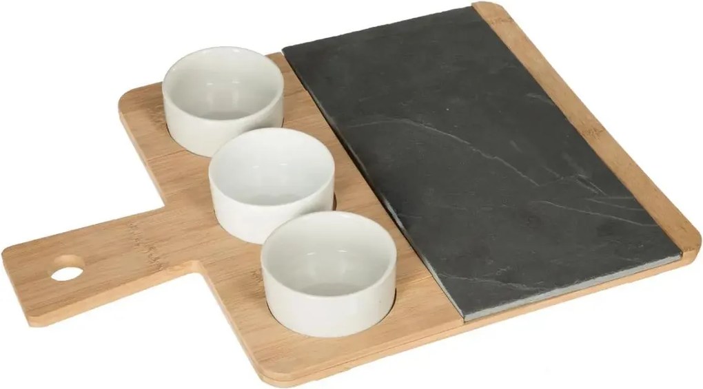Secret de Gourmet 4-delige aperitiefset van leisteen en bamboe - 36 x 26 x H5 cm - Inclusief 3 schaaltjes en serveerplank