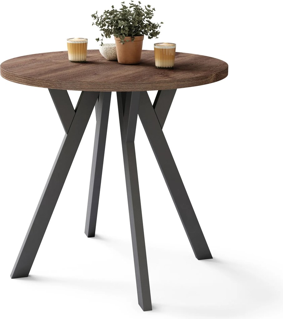 ALMO 80 Bruin eiken / zwarte poten – ronde tafel met Y-poten, loft/industrieel voor keuken, woonkamer en eetkamer