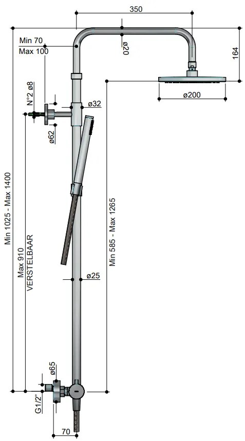 Hotbath Archie SDS30 opbouw regendouche met 20cm hoofddouche gunmetal geborsteld PVD