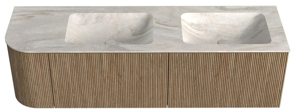 Mondiaz Kurve-dlux 155cm badmeubel ronding links dusk met 2 lades en 1 deur en wastafel leaf dubbel/rechts zonder kraangat ostra