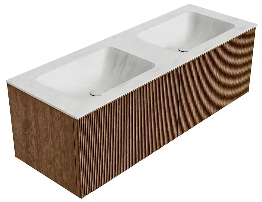 Mondiaz Kurve-dlux 130cm badmeubel walnut met 2 lades en wastafel leaf dubbel 2 kraangaten opalo