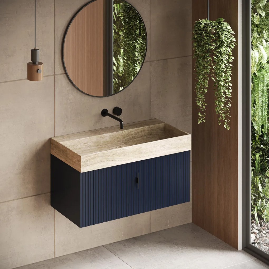 Muebles Zahora badmeubel ribbelfront 100cm marine blauw met White Travertin wastafel zonder kraangat