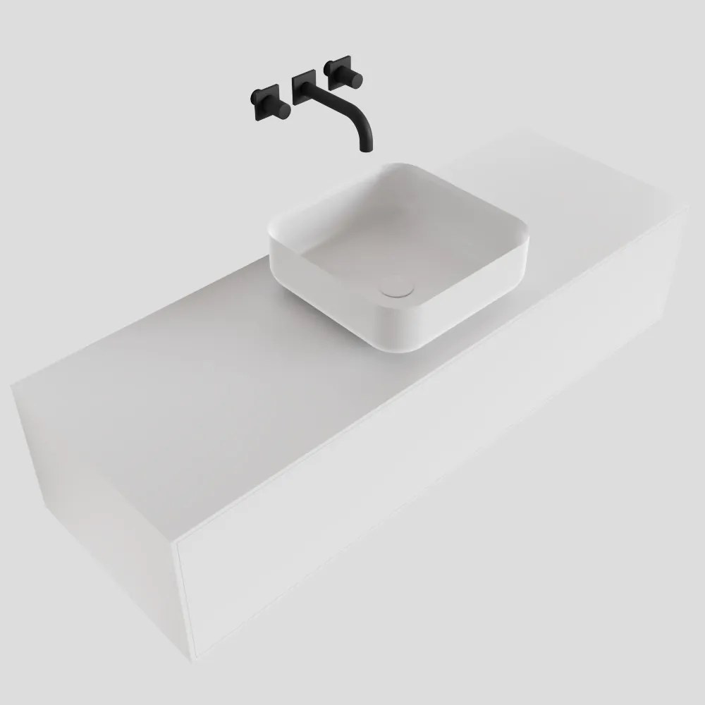 Zaro Lagom volledig naadloos solid surface onderkast met topblad 130cm mat wit met 1 lades Push tot open. Compleet met solid surface opzetkom met 0 kraangat(en)