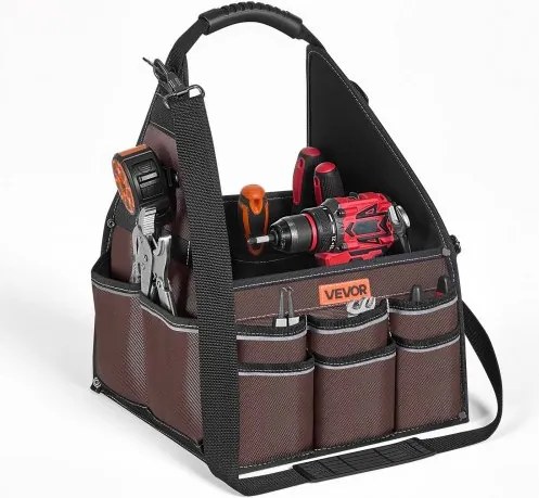 VEVOR Open Gereedschapstas 31x31x41cm, Opbergtas met 15 binnen- en 30 buitenvakken, Waterdichte Polyester Gereedschapsorganizer met Schouderriem en Handvat, Gereedschapstas voor Vaklieden