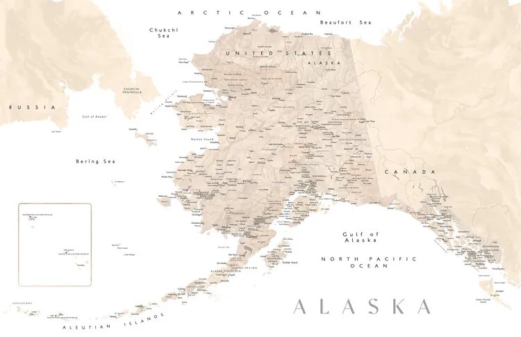 Kaart Detailed map of Alaska in neutral watercolor, Blursbyai