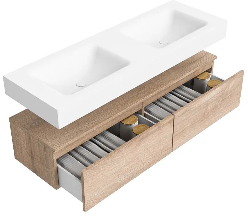 Zaro Alan badmeubel 140cm washed oak 2 lades met vrijhangende wastafel cloud dubbel zonder kraangat talc