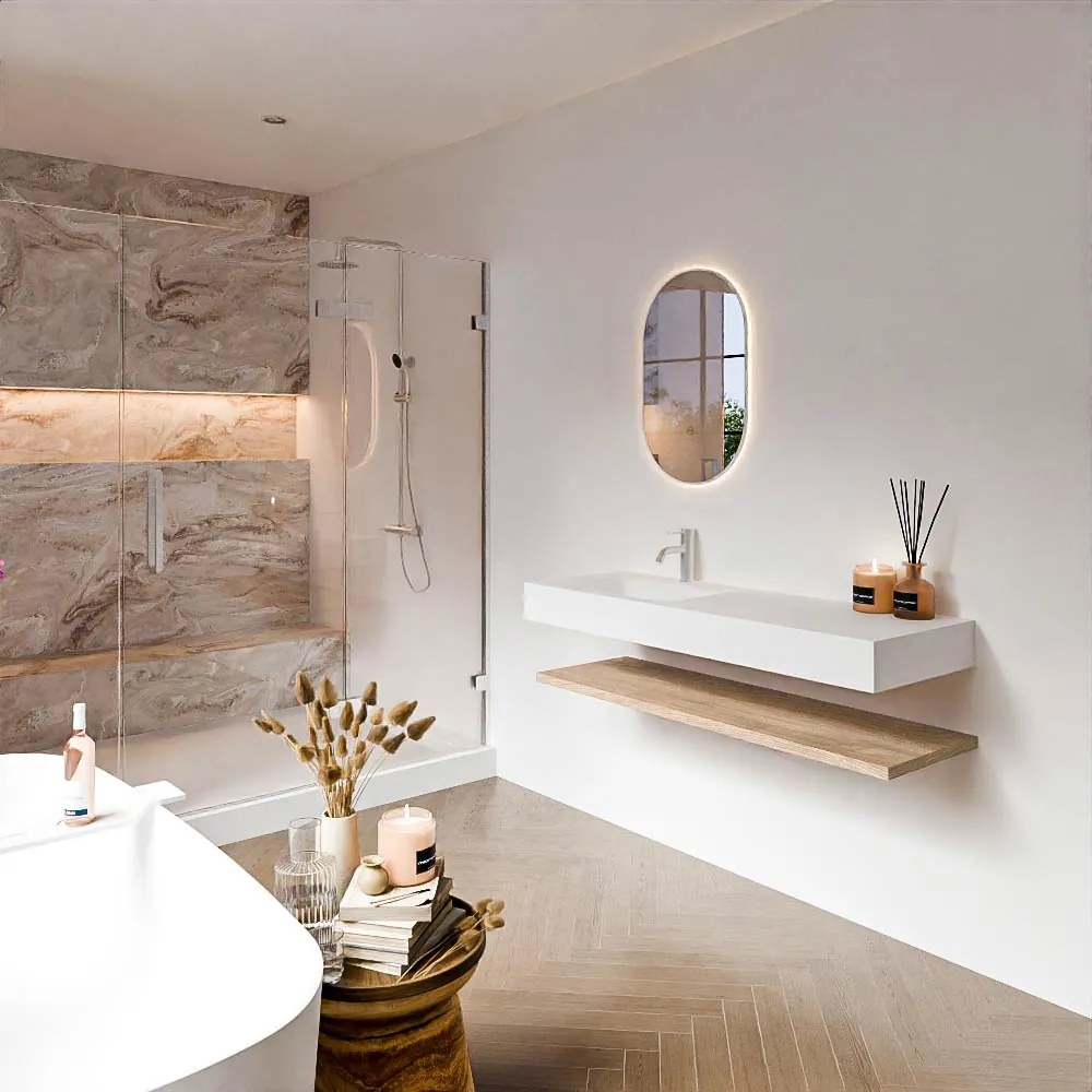 Zaro Alan badmeubel 130cm met planchet washed oak en vrijhangende wastafel cloud links 1 kraangat talc