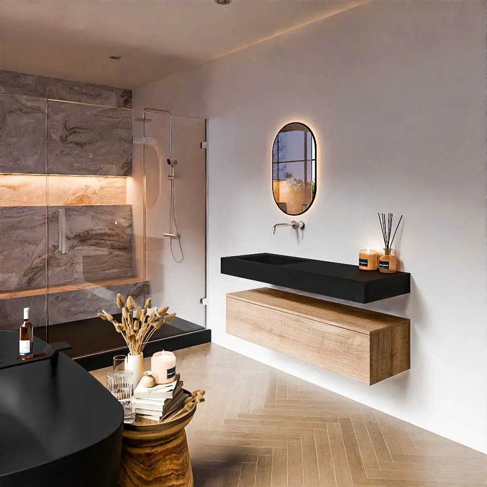 Zaro Alan badmeubel 130cm washed oak 1 lade met vrijhangende wastafel cloud links zonder kraangat urban