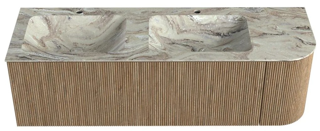 Mondiaz Kurve-dlux 145cm badmeubel ronding rechts dusk met 1 lade en deur en wastafel leaf dubbel/links 2 kraangaten glace
