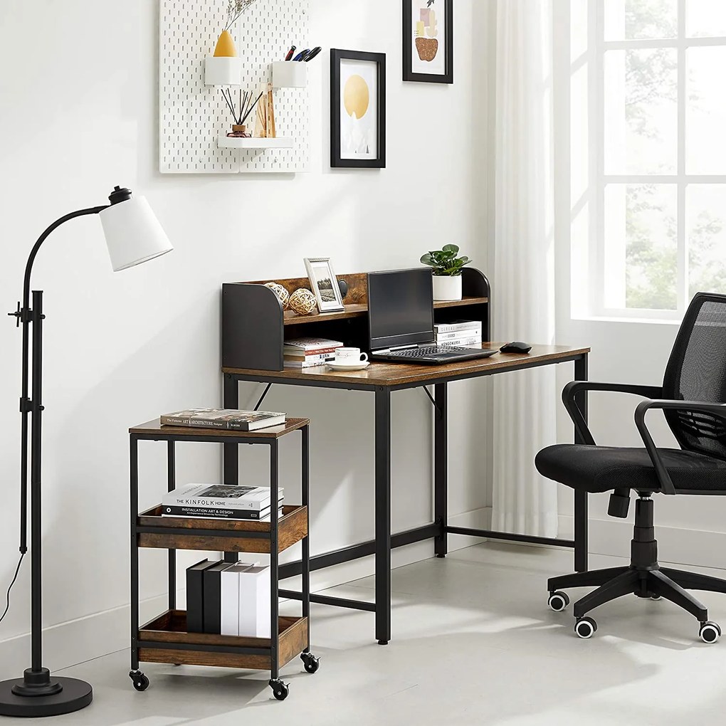 Nancy's Hibbing Kantoorset - Bureau - Rolwagen Met 3 Lagen - Monitorstandaard - Kabelmanagement - Staal - Bruin - Zwart - Industrieel