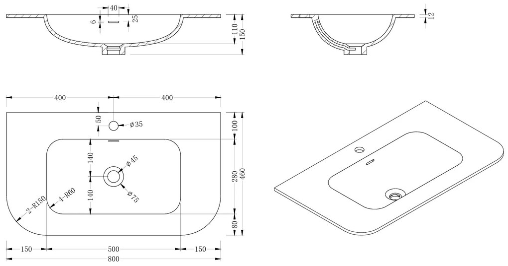 Lambini Designs Eleganza rond badmeubel 80cm acacia met ribbelfront en wastafel met kraangat