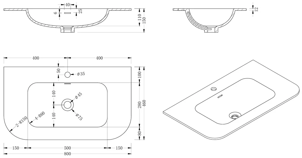 Lambini Designs Eleganza rond badmeubel 80cm acacia met ribbelfront en wastafel met kraangat