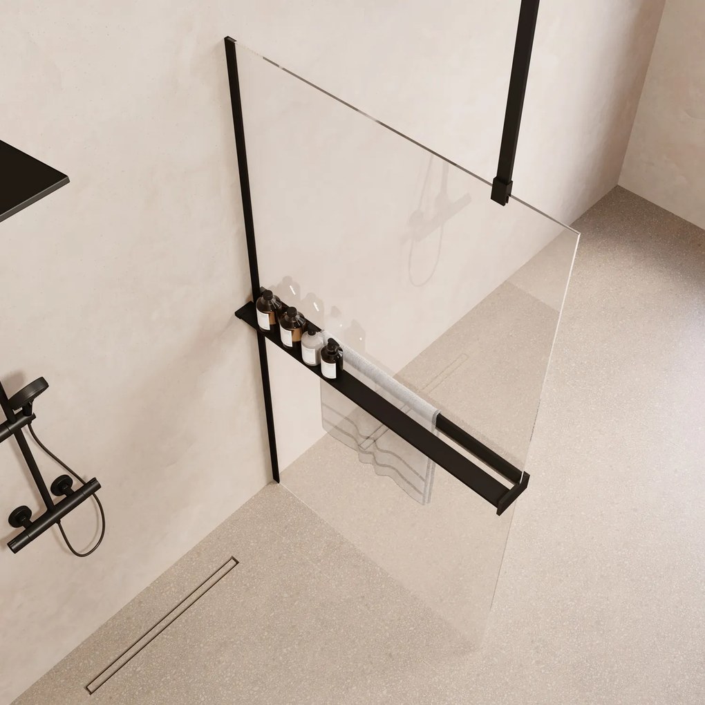 Saniclear Bright inloopdouche 90cm met handdoekhouder en helder glas zwart mat