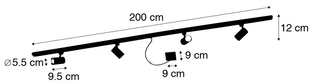 1-fase railsysteem zwart met 4 Spot / Opbouwspot / Plafondspots en I voeding vierkant - Jeana Modern GU10 Binnenverlichting Lamp