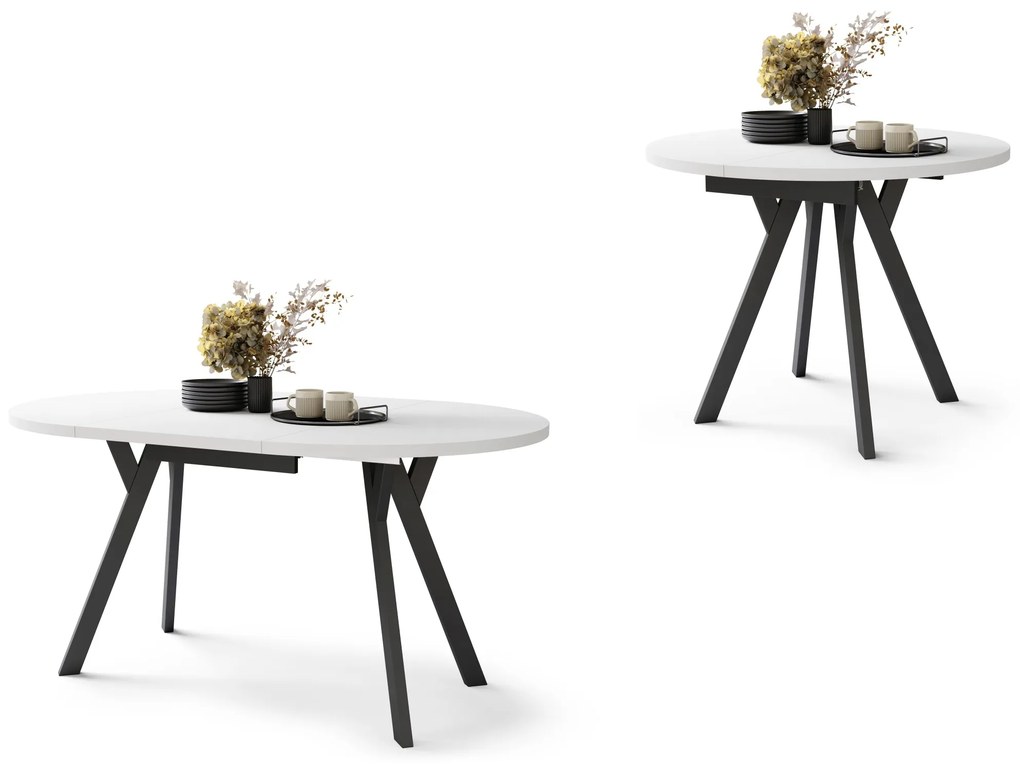 ALMO Wit Mat/Zwarte poten - RONDE LOFT/INDUSTRIËLE TAFEL VOOR WOONKAMER/EETKAMER, UITSCHUIFBAAR