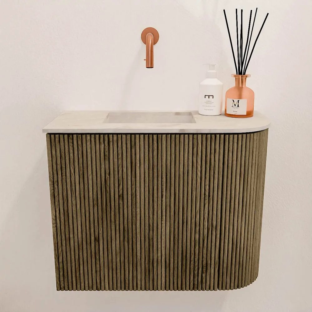Mondiaz Joya DLux 50cm toiletmeubel ronding rechts dusk met wastafel faye links zonder kraangat frappe