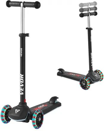 VEVOR Scooter (3 wielen) voor kinderen vanaf 3 jaar, stadsscooter voor kinderen met lichtgevende wielen, in hoogte verstelbaar stuur, antislip platform en lichtgewicht aluminium frame, step voor kinderen tot 75 kg, zwart
