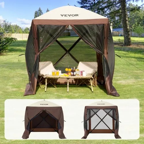 VEVOR Pop-up Paviljoentent, pop-up tent met luifel aan 4 zijden, zonbescherming met 4 verwijderbare privacyschermen en gaasramen, 1,83 x 1,83 m, snel op te zetten tent met muggennet, bruin