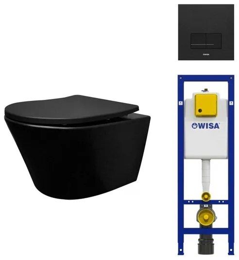 Wiesbaden Vesta toiletset spoelrandloos 52cm mat zwart Wisa inbouwreservoir softclose en quickrelease toiletzitting met bedieningsplaat mat zwart SW228315/0704408/0701539