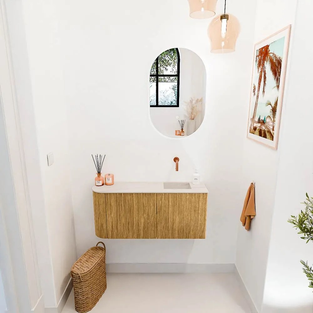 Mondiaz Joya DLux 90cm toiletmeubel ronding links oak met wastafel faye rechts zonder kraangat meli