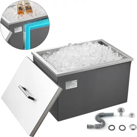 VEVOR Ingebouwde ijskast (508 x 355 x 342 mm) RVS ingebouwde koeler, 30 L commerciële inbouwkoelkasten met deksel voor buitengebruik, inclusief afvoerpijpset, voor koude wijn en bier