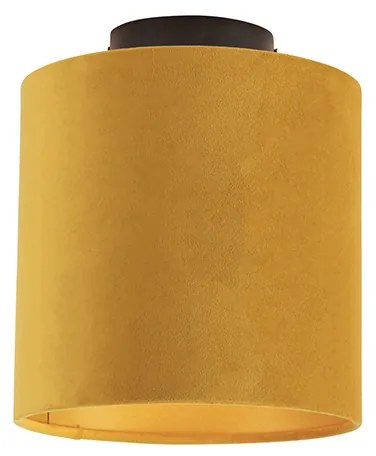 Stoffen Plafondlamp met velours kap oker met goud 20 cm - Combi zwart Landelijk / Rustiek E27 rond Binnenverlichting Lamp