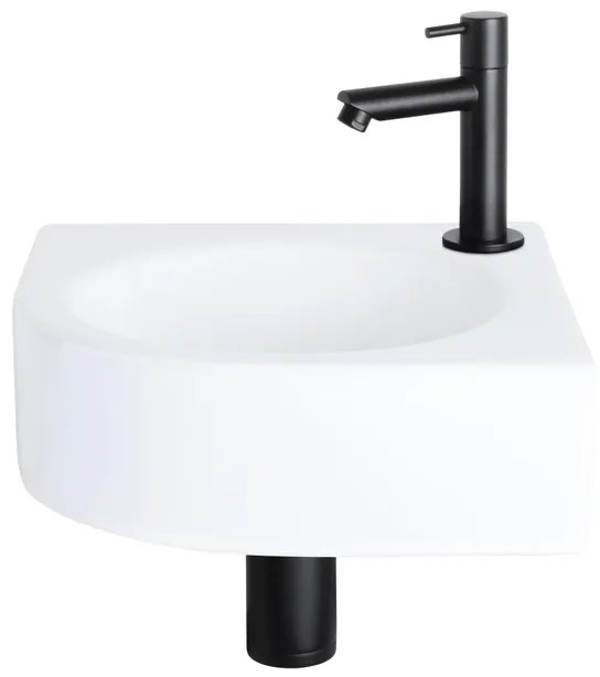 Differnz Cleo fonteinset - 30x30x10cm - Kwartrond - 1 kraangat - Recht matte zwarte kraan - Keramiek Wit SW519660/SW529054/SW679885/SW796275
