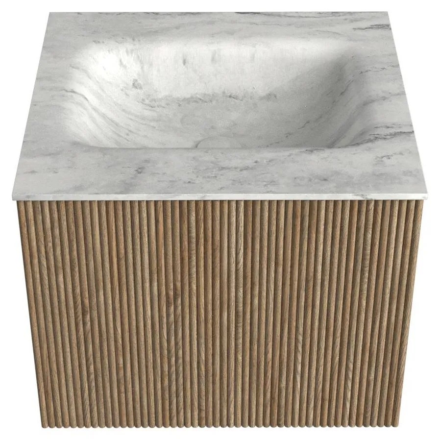 Mondiaz Kurve-dlux 50cm badmeubel dusk met 1 lade en wastafel grunne midden zonder kraangat opalo