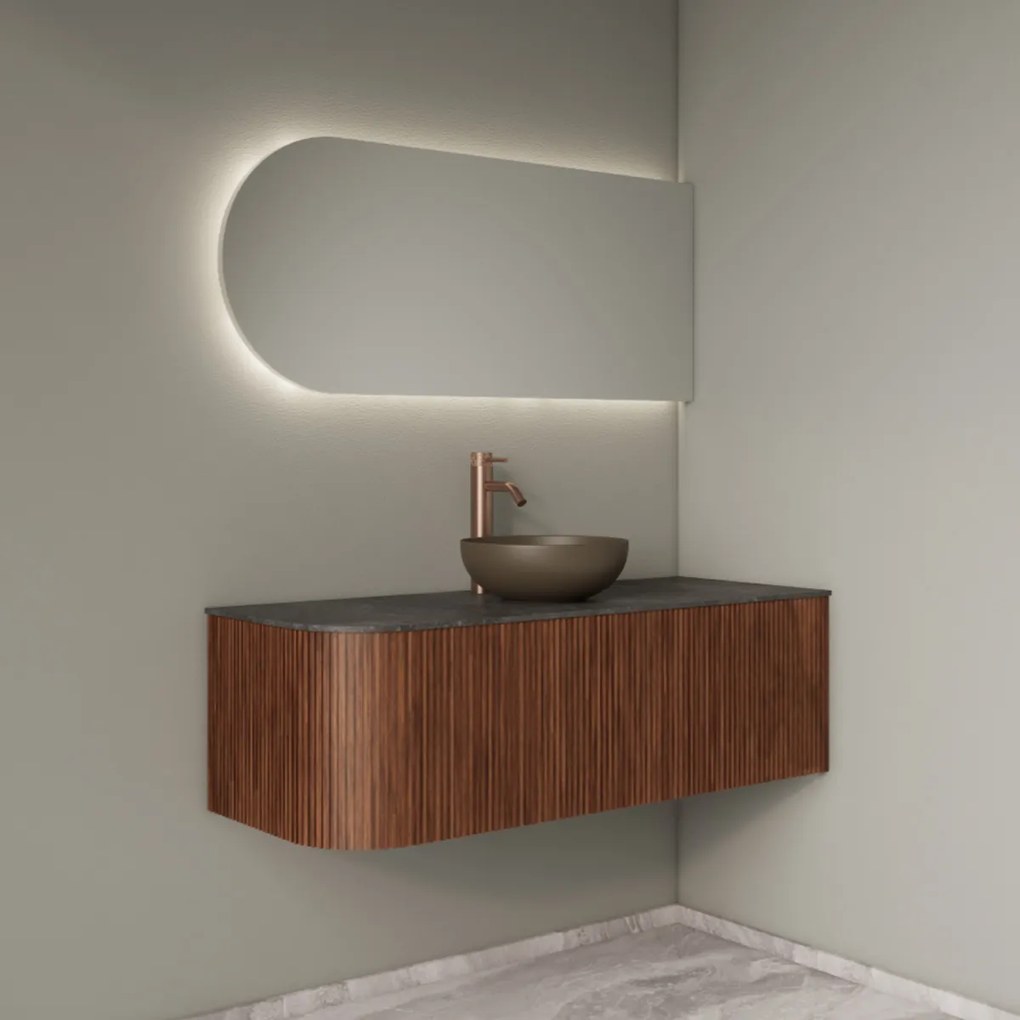Gliss Design Alluro badmeubel ribbelfront met ronding links 120cm walnut en zwart leisteen toppaneel