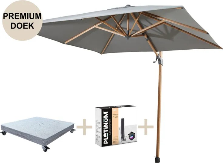 Siesta premium zweefparasol 300x300 cm houtlook charcoal 4 Seasons Outdoor met robuust 90KG voet en hoes