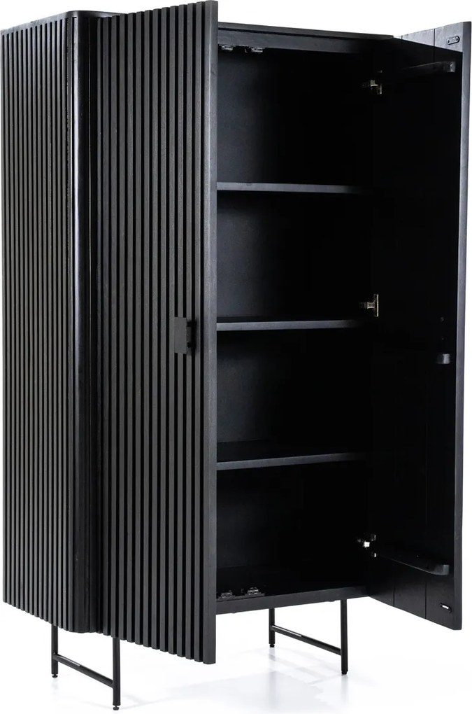 Zwarte Retro Kast Met Houten Latjes - 96x45x170cm.
