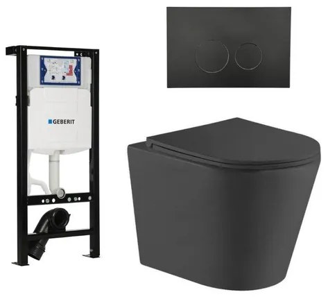 QeramiQ Dely Toiletset - 36.3x51.7cm - diepspoel - rimless - Inbouwreservoir met Geberit UP320 spoelmechanisme - softclose toiletzitting - mat zwarte bedieningsplaat - ronde knoppen - zwart mat SW1026253/SW1381697/SW706188/SW1000768