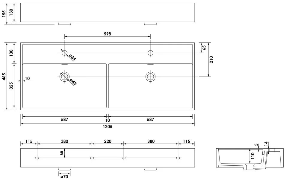 Brauer Lunar dubbele wastafel keramiek 120cm met 2 kraangaten wit glans