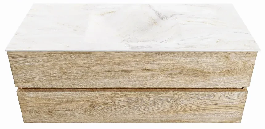 Mondiaz Vica DLux badmeubel 120cm washed oak 2 lades met wastafel ostra midden 1 kraangat