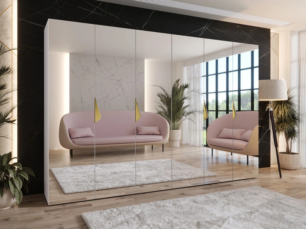 Kledingkast Hartford 632, Wit, Gouden, 202x300x52cm, 210.5 kg, Kledingkast deuren: Met scharnieren