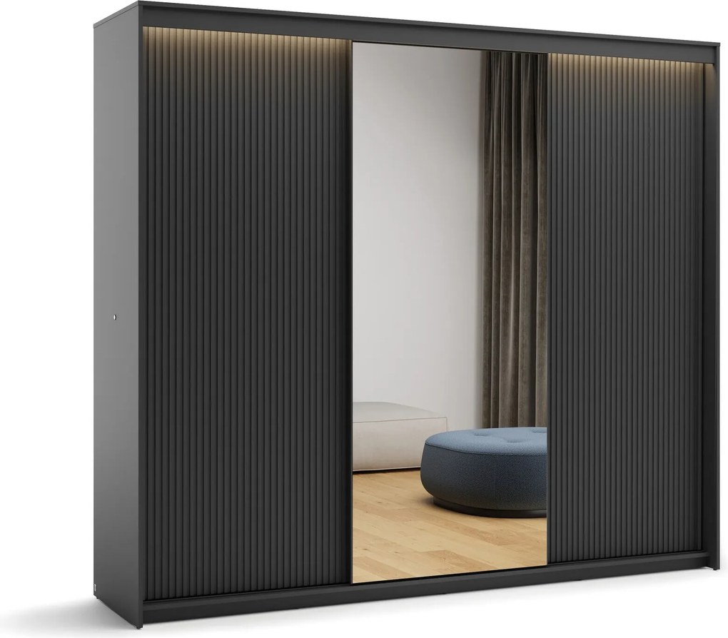 Kledingkast Fresno 167, Zwart, 222x250x63cm, 224 kg, Kledingkast deuren: Schuivend