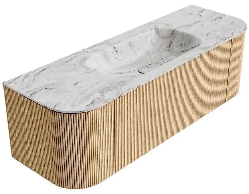 Mondiaz Kurve-dlux 140cm badmeubel ronding links/rechts oak met 1 lade en 2 deuren en wastafel big small midden zonder kraangat glace