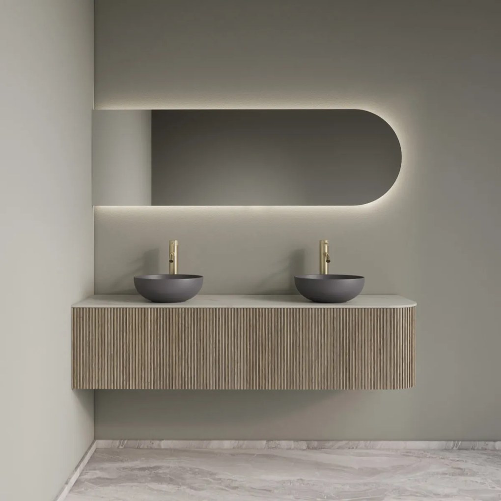 Gliss Design Alluro badmeubel ribbelfront met ronding rechts 160cm corn silk en wit marmer toppaneel