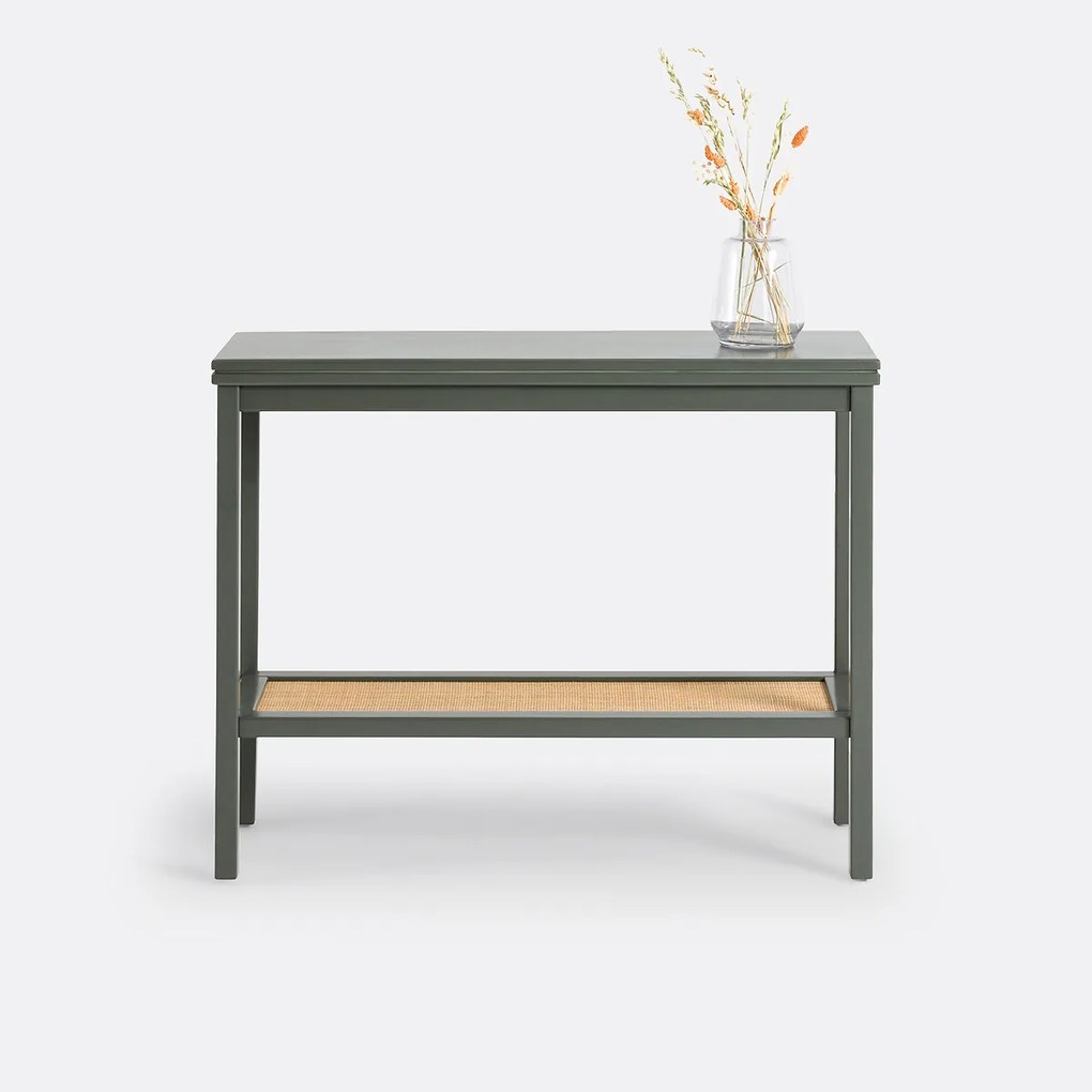 Consoletafel met dubbel blad, massief grenen en riet, lengte 102 cm, GABIN