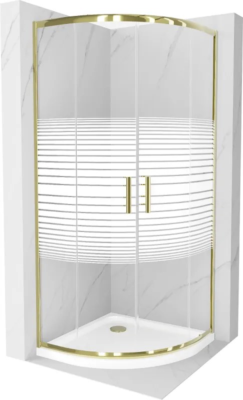 Mexen Rio halve cirkel douchecabine 80 x 80 cm, witte strepen, goud + Flat douchebak, wit - 863-080-080-50-20-4110G
