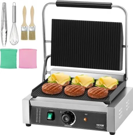 VEVOR Commerciële Panini Grill, 2,2 kW Elektrische Sandwich Panini Maker, RVS Sandwichpers, Panini Grill met Temperatuurregeling &amp; 36 x 23 cm Geëmailleerde Plaat met Volledige Groeven
