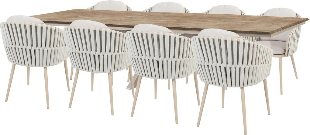 Taste by 4 Seasons Eva tuinset latte met Minerva tafel met Robusto teakhouten blad 280 cm SALE Tuinset beige weerbestendig